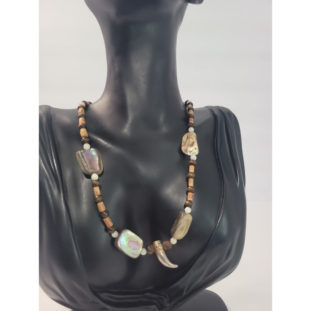 Cadoro Brown Cream Beaded Necklace Iridescent Horn Pendant Boho